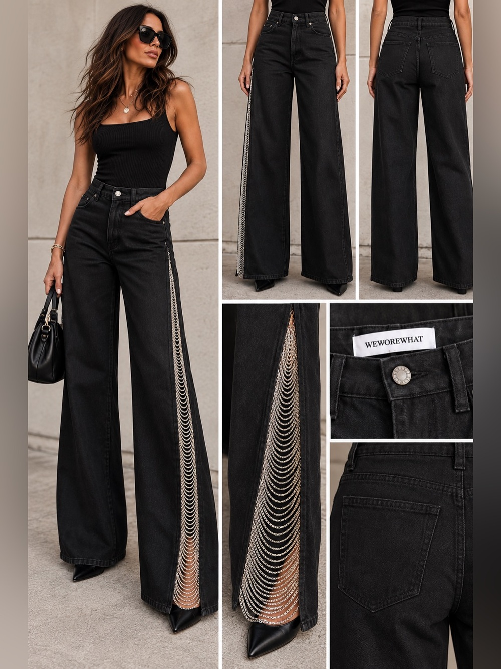 WeWoreWhat Black Chain Slit Wide-Leg Jeans High Rise Size 24 NWT🖤